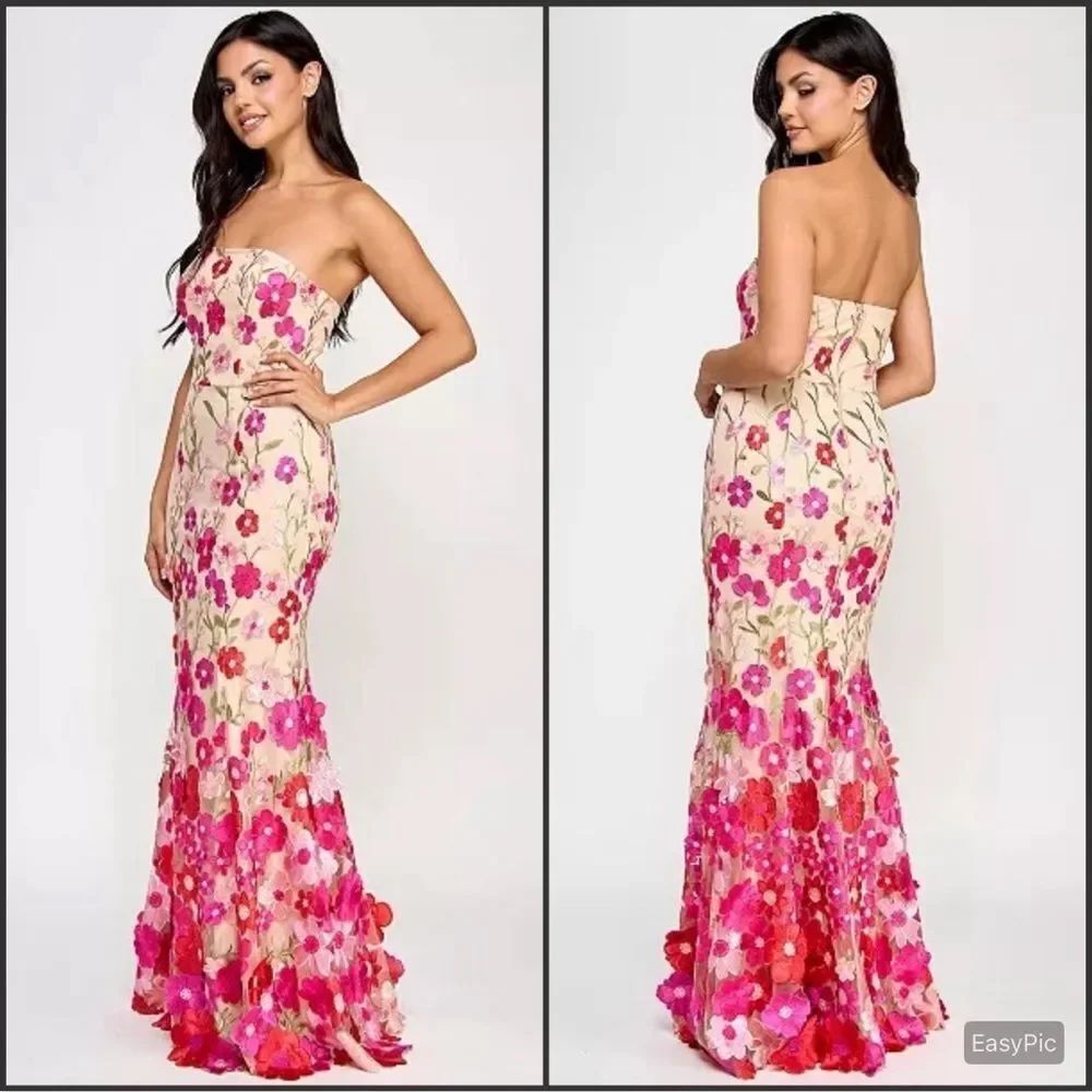 NWT Embroidered 3D Strapless Floral Dress Gown Pink Multi